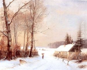 Vinterlandskab, I Forgrunden Hus Og Gaende Person by Anders Andersen-Lundby