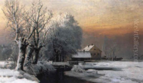 Vinterlandskab Med En Tysk Gard Ved Floden Isar - view 1