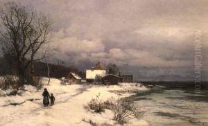 Vinterlandskab Med Kone Og Barn Ved Huse, I Baggrunden Bjerge Vinterlandskab Med Kone Og Barn Ved Huse, I Baggrunden Bjerge