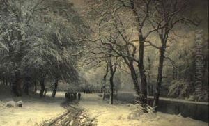 Winter Landscape With Horses And Carts By A River Winter Landscape With Horses And Carts By A River