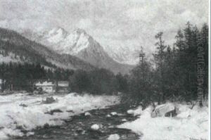 Vinter, Bjerglandskab I Forgrunden Fossende Flod by Anders Andersen-Lundby