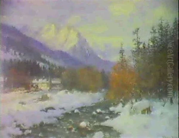 Bjerglandskab Med Flod, Vinter - view 1