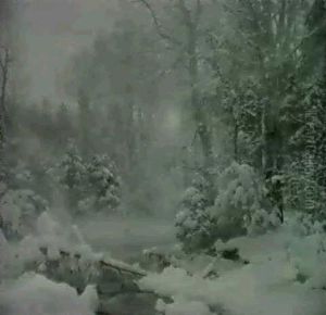 En Vinterdag I Skoven, Den Lave Sol Bryder Gennem De Sneklaedte Grene by Anders Andersen-Lundby