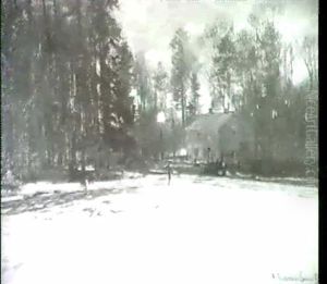 Verschneiter Winterwald Mit Einem Bauernhaus Vor Dem Zwei Laternen Brennen. Verschneiter Winterwald Mit Einem Bauernhaus Vor Dem Zwei Laternen Brennen.