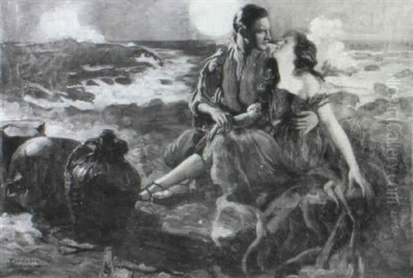Illustration: Man And Woman Sitting On Moonlit Beach - view 1
