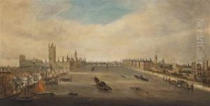 A View Of The Thames Towards Westminster Bridge With The Houses Of Parliament And Lambeth Palace, Shipping In The Foreground by John O. Anderson