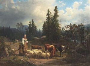 Vallflicka Med Hjord I Landskap Vallflicka Med Hjord I Landskap