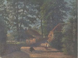 Small Woodland Cottages With Female Figure by W. Livingston Anderson