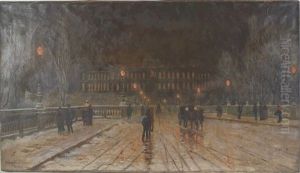 Nighttime City Scene With Leisurely Strolling People by W. Livingston Anderson