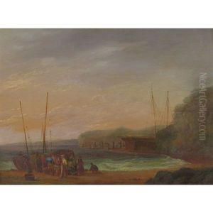 Fishermen On The Shore With Boats In A Dock Beyond
