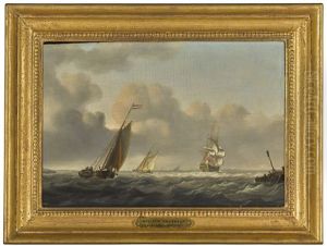 Dutch Barges Running Inshore In A Breeze, An English Man-o'-war Beyond by William Anderson