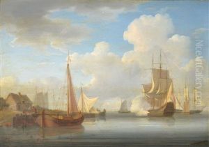 A Tranquil Estuary Scene With Figures Unloading A Barge by William Anderson