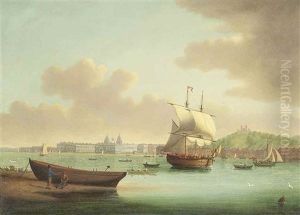 A Merchant Brig Running Up The Thames At Greenwich And Passing The Royal Observatory