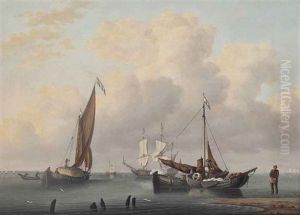 A Dutch Frigate Saluting Her Departure From The Anchorage, With Fishermen On Their Boats In The Foreground