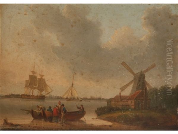 Figures And Boats On A Shoreline With A Windmill And Sailing Vessels Beyond - view 1