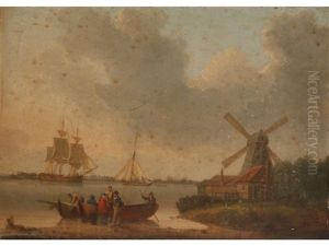 Figures And Boats On A Shoreline With A Windmill And Sailing Vessels Beyond by William Anderson