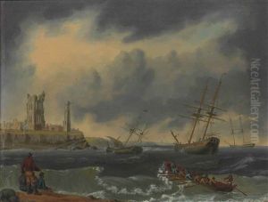 Shipping At Anchor Riding Out A Gale Off The Mouth Of The Tyne, With The Ruins Of Tynemouth Priory And The Old Lighthouse On The Headland by William Anderson