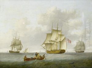 Merchant And Naval Frigate Closing Offshore by William Anderson