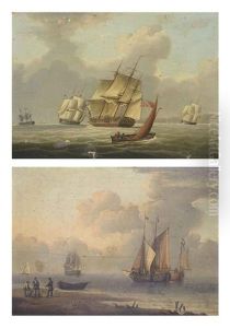 A Frigate And Other Shipping Heeling In The Breeze... (+ Barges And Other Shipping In A Calm Off The Dutch Coast, With Fishermen...; Pair) by William Anderson