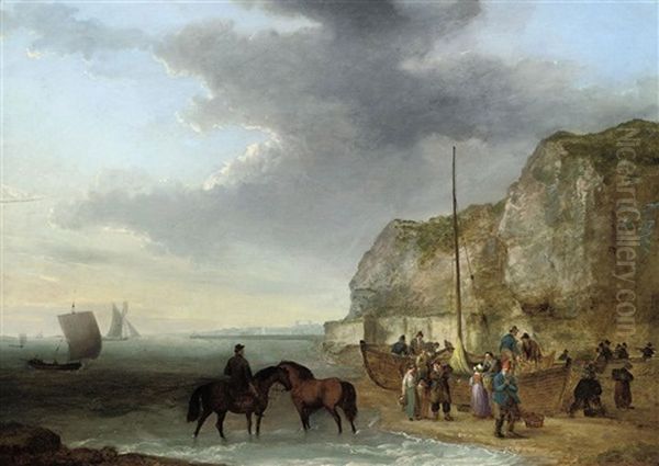 A Gentleman Resting His Horses In The Shallows With Fisherfolk On The Foreshore Unloading The Catch - view 1