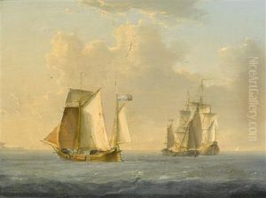 Dutch Hoys Servicing A Merchantman Offshore (+ Traders Drying Their Sails In A Calm Offshore; Pair) by William Anderson