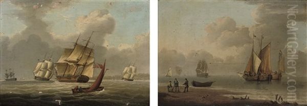 A Royal Navy Frigate Running Up The Estuary (+ Dutch Barges At Anchor In A Calm; Pair) - view 1