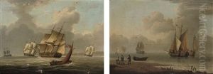 A Royal Navy Frigate Running Up The Estuary (+ Dutch Barges At Anchor In A Calm; Pair) by William Anderson