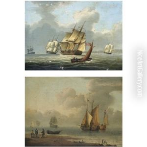 A 28-gun Frigate Of The Royal Navy Off The Coast (+ Fishing Boats Off The Shore In A Calm; Pair) by William Anderson