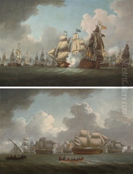 H.m.s. "victory" Engaging The Spanish Flagship At The Battle Of Cape St. Vincent (+ The Spanish Prizes Entering The Tagus After The Battle; Pair) by William Anderson