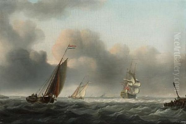 Dutch Barges Running Inshore On A Breezy Day As An English Man-o'war Passes By - view 1