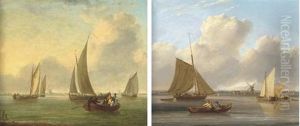Sailing Boats And A Rowing Boat In An Estuary, A Windmill Beyond (+ Sailing Boats And Passengers Being Rowed To Shore In An Estuary, Windmills Beyond; Pair) by William Anderson