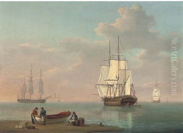 Frigates At Anchor, With A Ship's Cutter On The Shore - view 1
