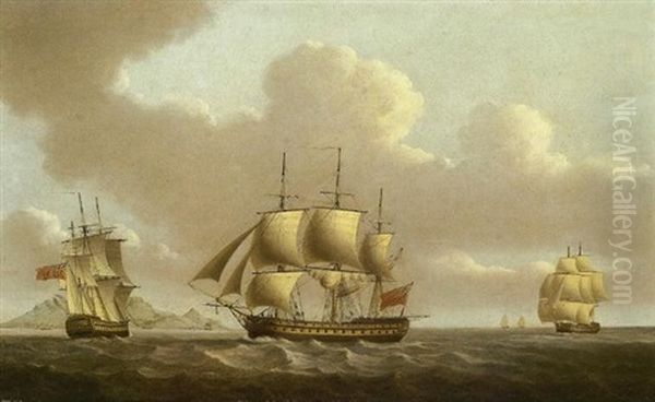 A 74-gun Third Rate In Three Positions Off Table Bay, Cape Of Good Hope, With Table Mountain In The Distance - view 1