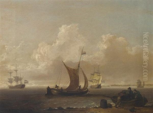 A Dutch Warship And Merchantmen In An Estuary, With Figures Unloading Barrels On The Foreshore - view 1
