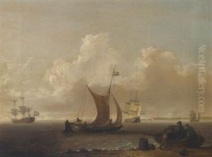 A Dutch Warship And Merchantmen In An Estuary, With Figures Unloading Barrels On The Foreshore by William Anderson