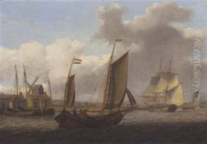 A Dutch Barge Running Up The Estuary With A Brig Turning In The River Ahead Of Her