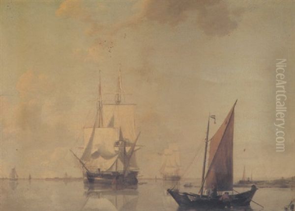Merchant Ships Moored In An Estuary With Fishermen In The Foreground - view 1