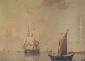 Merchant Ships Moored In An Estuary With Fishermen In The Foreground by William Anderson