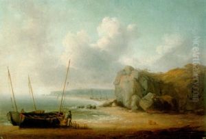 Coastal Scene With A Fisherman Unloading His Catch by William Anderson
