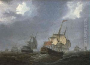 A Squadron Of The Red Manoeuvering Off A Lighthouse A Squadron Of The Red Manoeuvering Off A Lighthouse