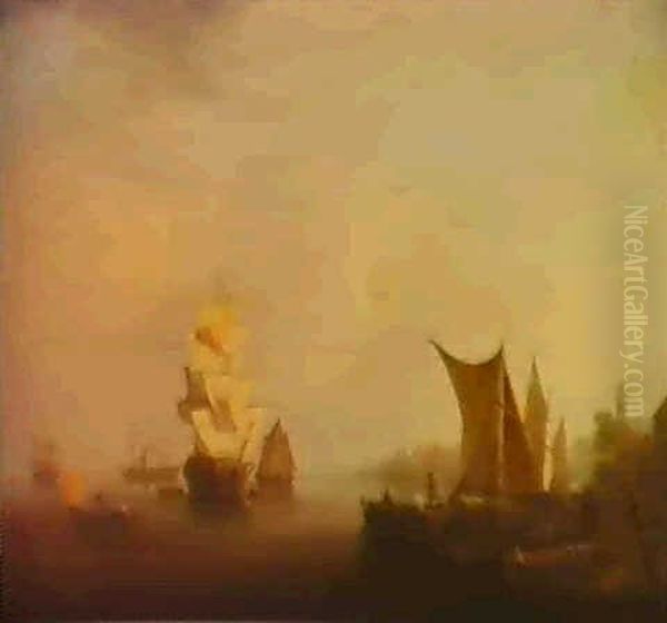Dutch Barges And Men Of War Off The Coast In Calm Waters - view 1
