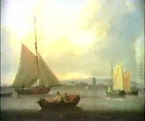 Shipping On An Estuary, A Windmill Beyond; Fishing Vessels On An Estuary by William Anderson