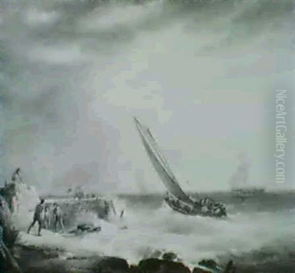 A Coastal Scene Of Ships Off Arocky Pier, With Fisherfolk Inthe Foreground - view 1