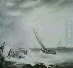 A Coastal Scene Of Ships Off Arocky Pier, With Fisherfolk Inthe Foreground