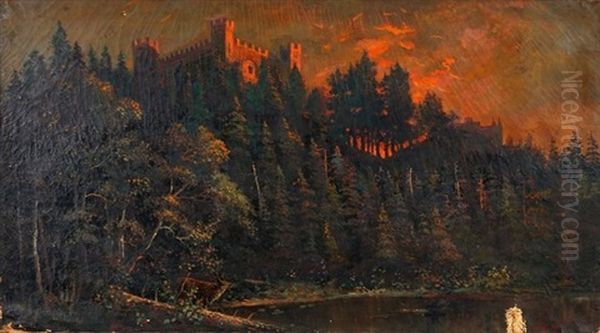 Sunset Landscape With Deer And Castle In Distance - view 1