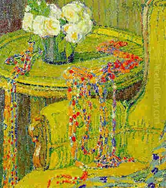 Stilleben Mit Rosen, Tisch, Stuhl, Schmuck - view 1