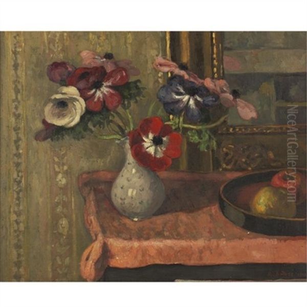 Nature Morte: Vase De Fleurs Et Fruits Sur Une Table - view 1
