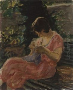 Junge Frau Auf Gartenbank by Albert Andre