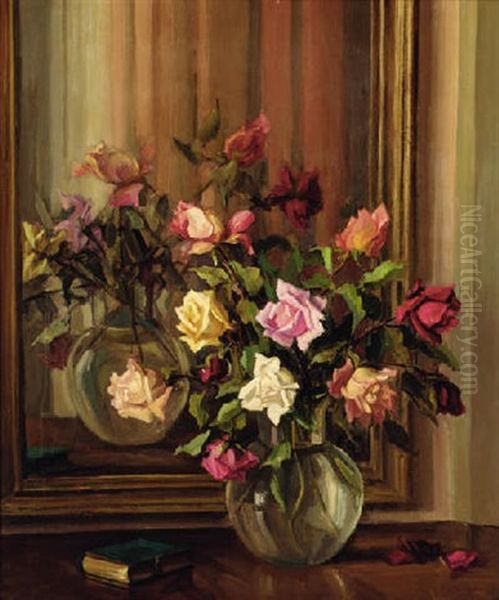 Roses In A Glass Vase Before A Mirror - view 1