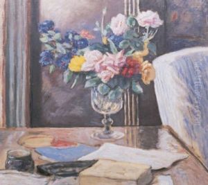 Pink, Yellow, And Red Roses In A Glass Vase by Albert Andre